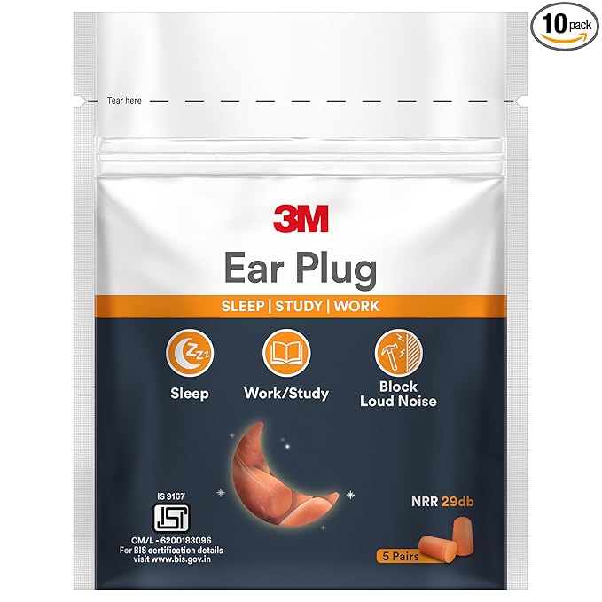 3M 1100 Foam Ear Plugs Noise Reduction 29dB | Soft Disposable Earplugs for Sleep, Study & Industrial Safety (Orange)
