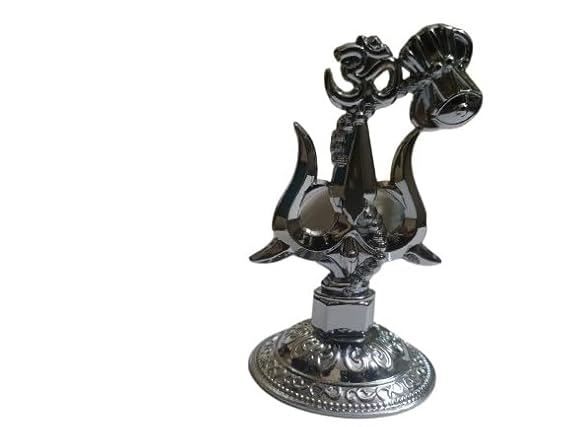 Metal Lord Shiva Trishul with Damru – Car Dashboard, Home, Temple Pooja & Decoration (Silver)