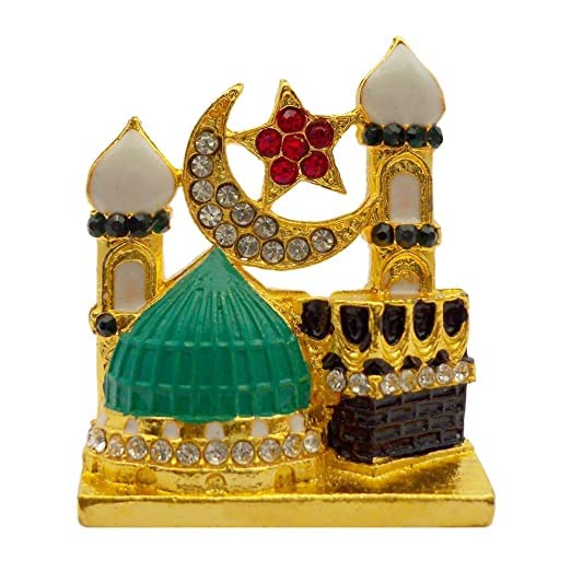 Makka Madina | Kaaba of Makka | Makkah with Green Tomb of Holy Mosque and Chand Tara Mascot Idol Statuary with Golden Electroplating to Worship Ideal for Home, Office or Car Dashboard