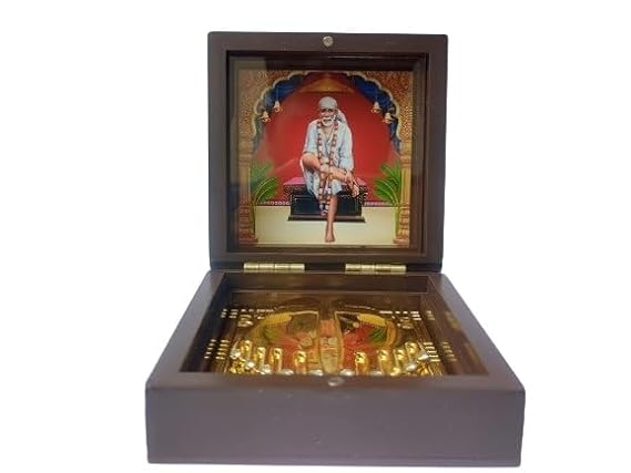 Wooden Decorative Shirdi Sai Baba Photo Frame with Charan Paduka For God Pooja and Home Decor With Natural Flower Fragrant (White)