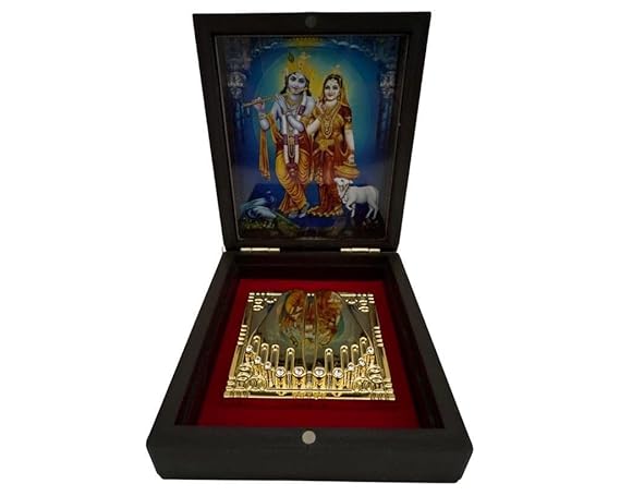 Radhe Krishna Photo Frame with Charan Paduka, Table Top for Home Temple/Office/for Pooja, Hare Krishna Wooden Momento Gift, Decorative Showpiece
