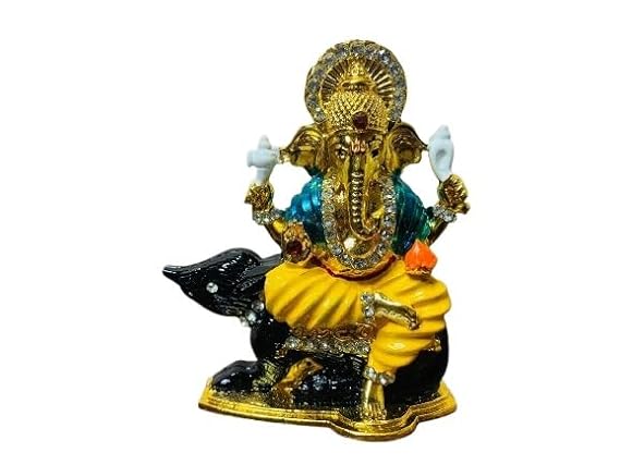 Vighnaharta Ganpati Bappa Sitting on Mushak Chuha White Stone Multicolor Metal God Stand for Home Décor car Dashboard Temple Puja Office Table Showpiece Small