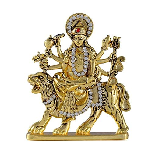 Metal Maa Durga Sherawali Color Golden MATA Idol, Standard, Antique Gold Metal Statue for Car Dashboard Mandir Pooja Murti Temple