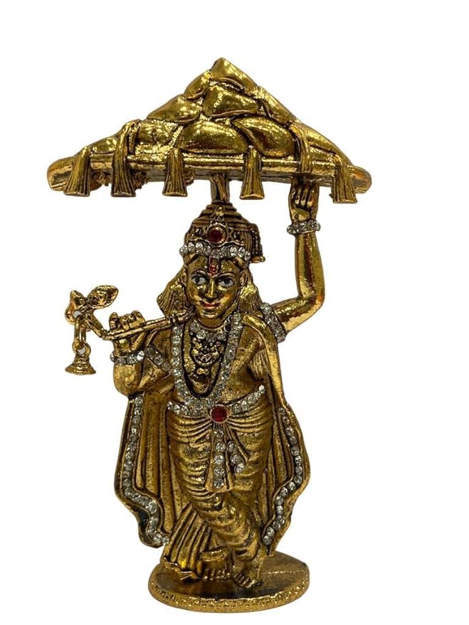 God Krishna Govardhan Parvat Idol Metal Statue for Car Dashboard | Mandir Pooja Murti | Home Decor | Office Showpiece (Golden)