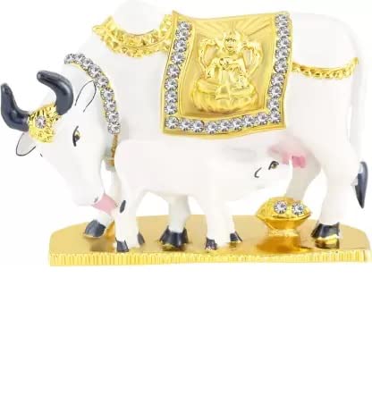 Kamdhenu Cow and Calf Idol (Model-94) White Gold Metal Statue for Car Dashboard | Mandir Pooja Murti |Temple Puja | Home Decor | Office Table Showpiece