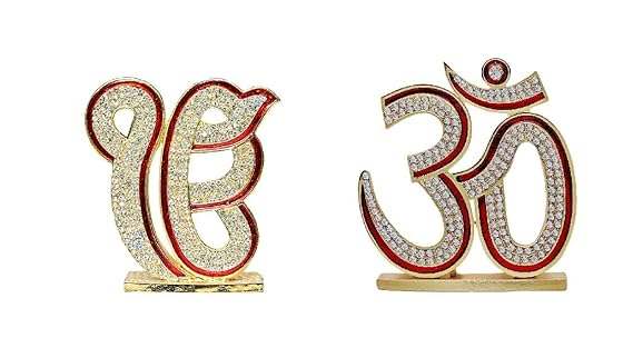 Hindu Religious Symbol Golden Om and Ik Onkar Guruji car Dashboard Metal Statue for Car Dashboard | Mandir Pooja Murti | Home Decor | Office Showpiece (Golden) (Prince)