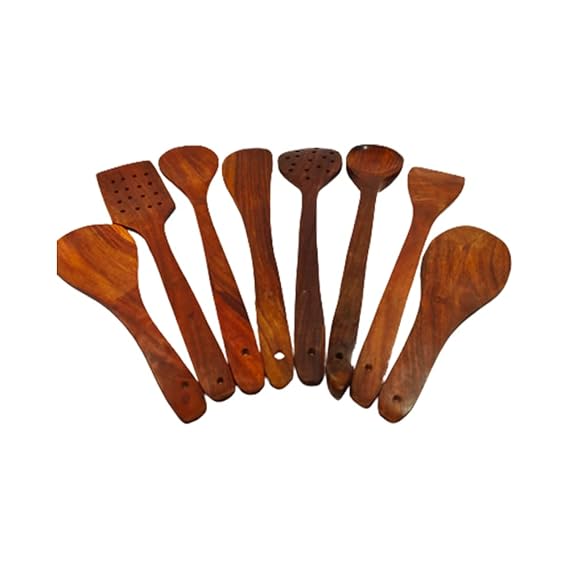 Hand Made Sheesham Wooden Serving and Cooking Spoons, Wood Brown Spoons Kitchen Utensil Set of 8