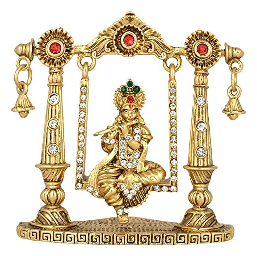 Lord Krishna Idol on Jhula Metal Statue for Car Dashboard | Mandir Pooja Murti