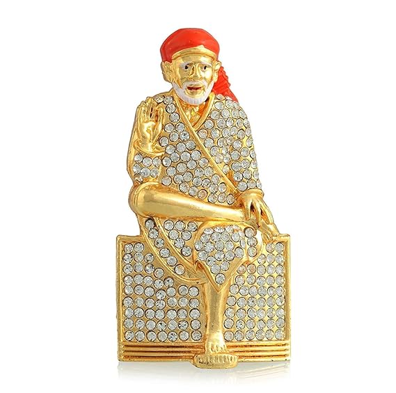 Shirdi SAI Baba Sitting Idol Color Gold Metal Statue for Car Dashboard | Mandir Pooja Murti | Temple Puja | Home Decor | Office Showpiece