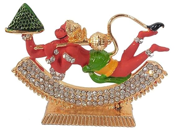 Flying Lord Hanuman Idol | Bajrang Bali Idol Red Metal Statue for Car Dashboard | Mandir Pooja Murti | Temple Puja | Home Decor | Office Table Showpiece