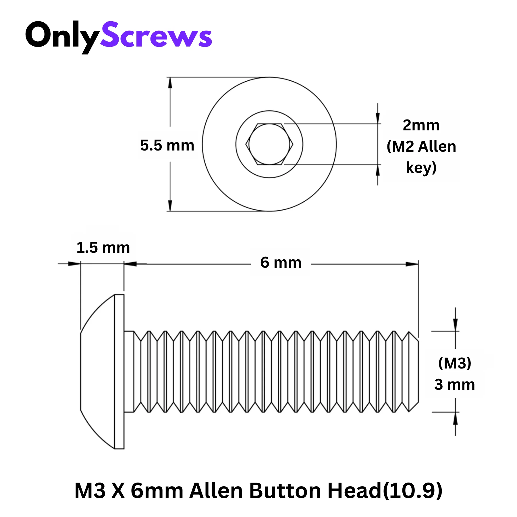 M3 X 6mm Hex (Allen) Button Head High Tensile(10.9) Black Oxide Screw (Dia. 3mm, Length 6mm)