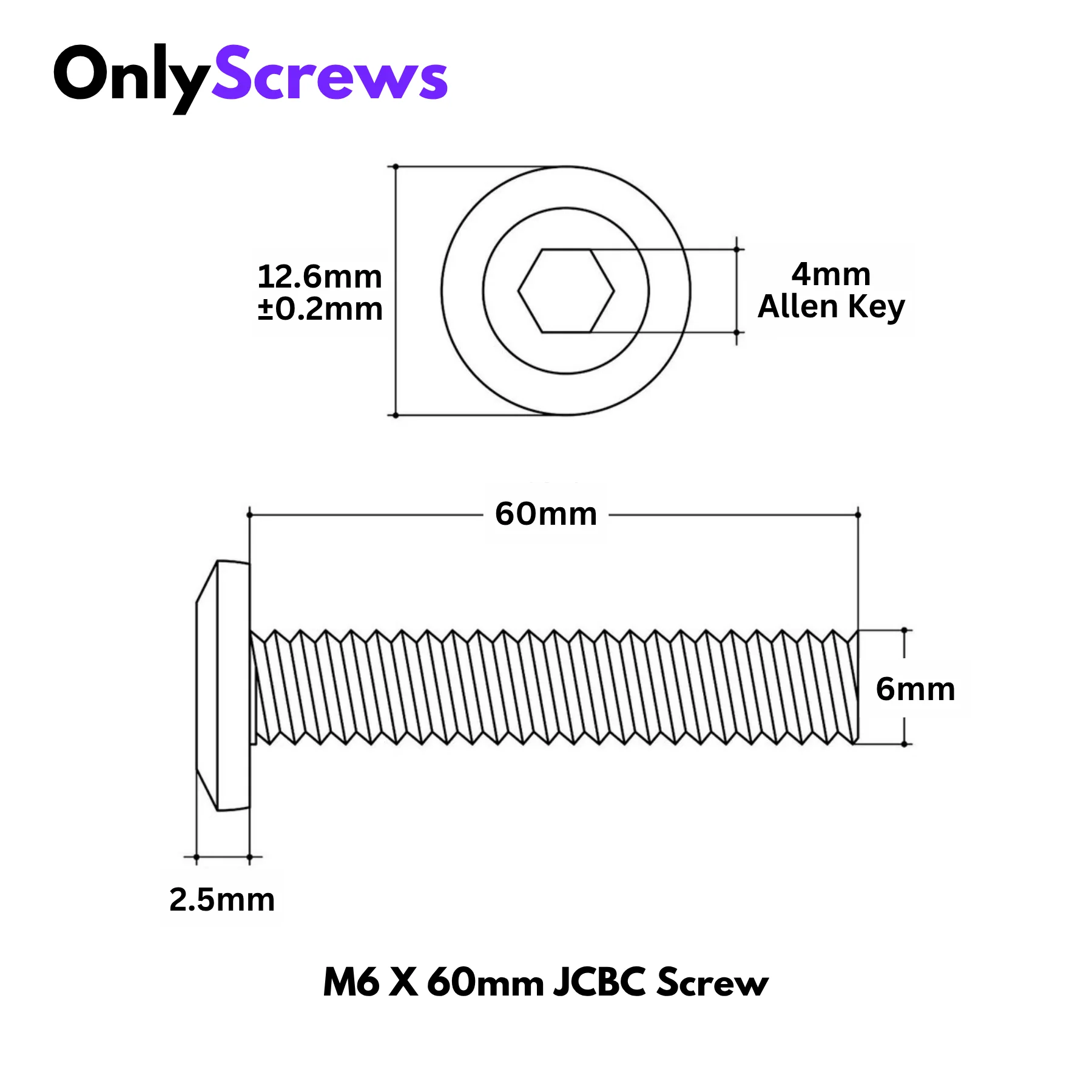 M6 X 60mm Hex (Allen) JCBC High Tensile 12.9 Black Oxide Screw (Dia: 8mm, Length: 60mm)