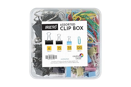 Assorted Clip Box | Includes 120 Paper Clips-28mm & 56 Binder Clips (25mm- 6 pcs| 19mm- 15 pcs| 15mm- 35pcs) | Home, Office, Stationery use, Ideal for Kids and Adults, Reusable, Flexible