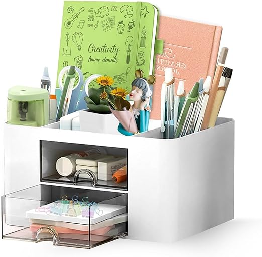 Desk Organizer with 2 Drawers | Multi-Functional Stationery Holder for Office, Study Table, Home | 5 Compartment Pen, Pencil, Marker Storage Box for School & Art Supplies (White)