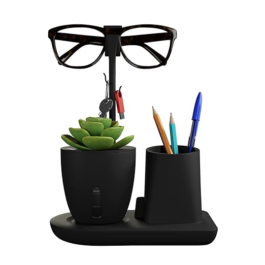 Pen Stand for Study Table with Self-Watering Plant Pot, Glasses & Smartphone Holder – Desk Organizer & Pencil Holder for Office, Home, Kids, Students, Study Room (Desk Station Black)