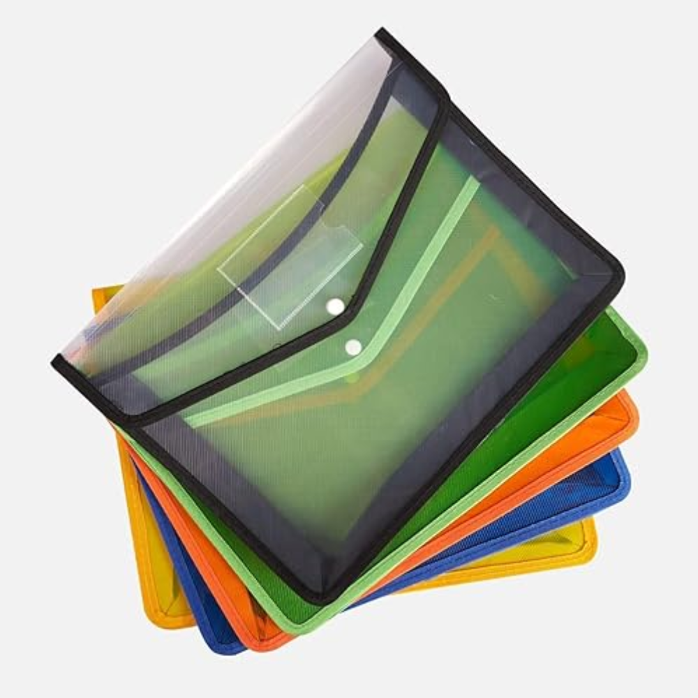 Transparent File Folder Set with Button Lock for A4 Size Documents (Pack of 5) (Multi-Colour)