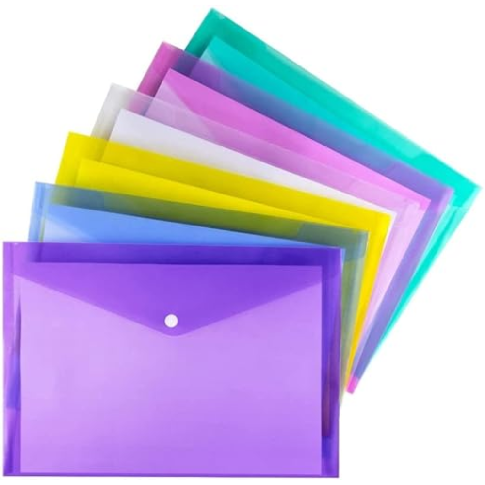 A4 FS Size Envelope Document Folder Storage Case, Clear Plastic File Organizer with Snap Button, Multicolor Holder for Certificates, Papers & Stationery (Pack of 10)