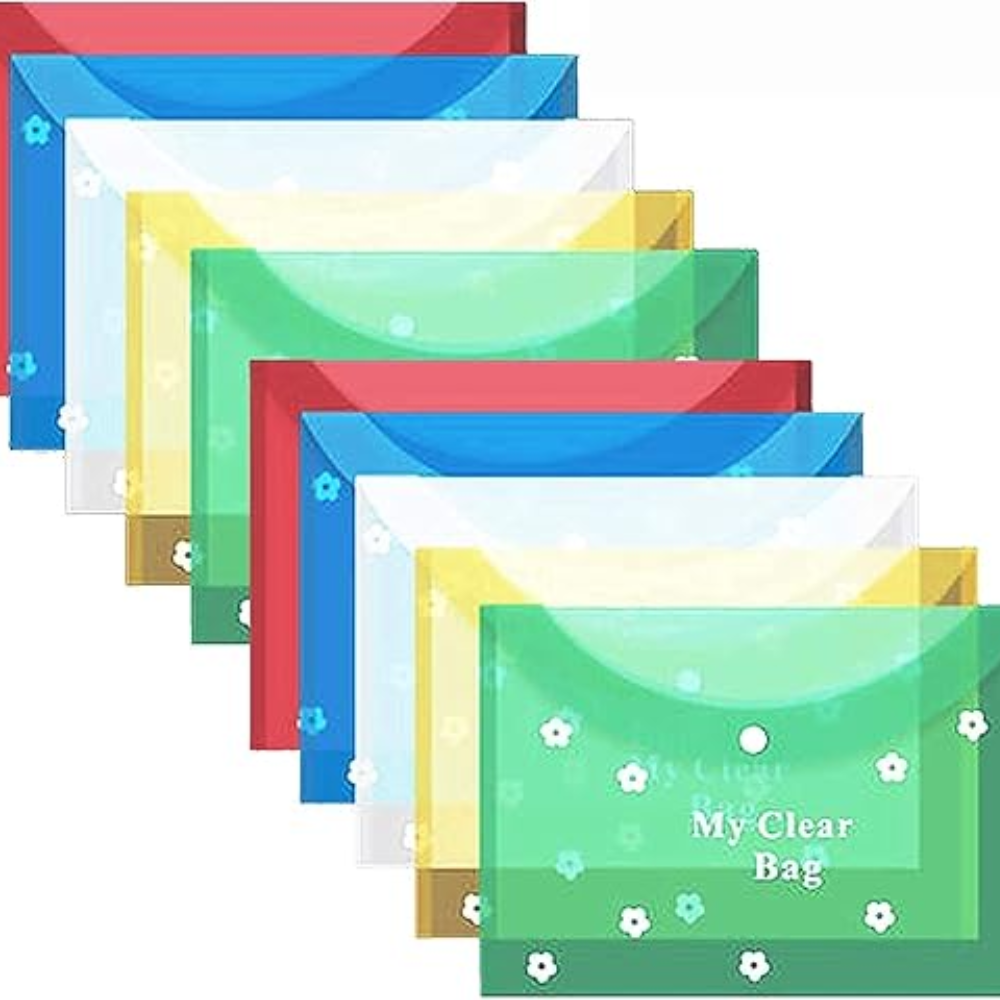 My Clear Bag Pack of 12 A4 Size Green Colour Floral Design Transparent Plastic Folder, Button Closer File, Document Organizer