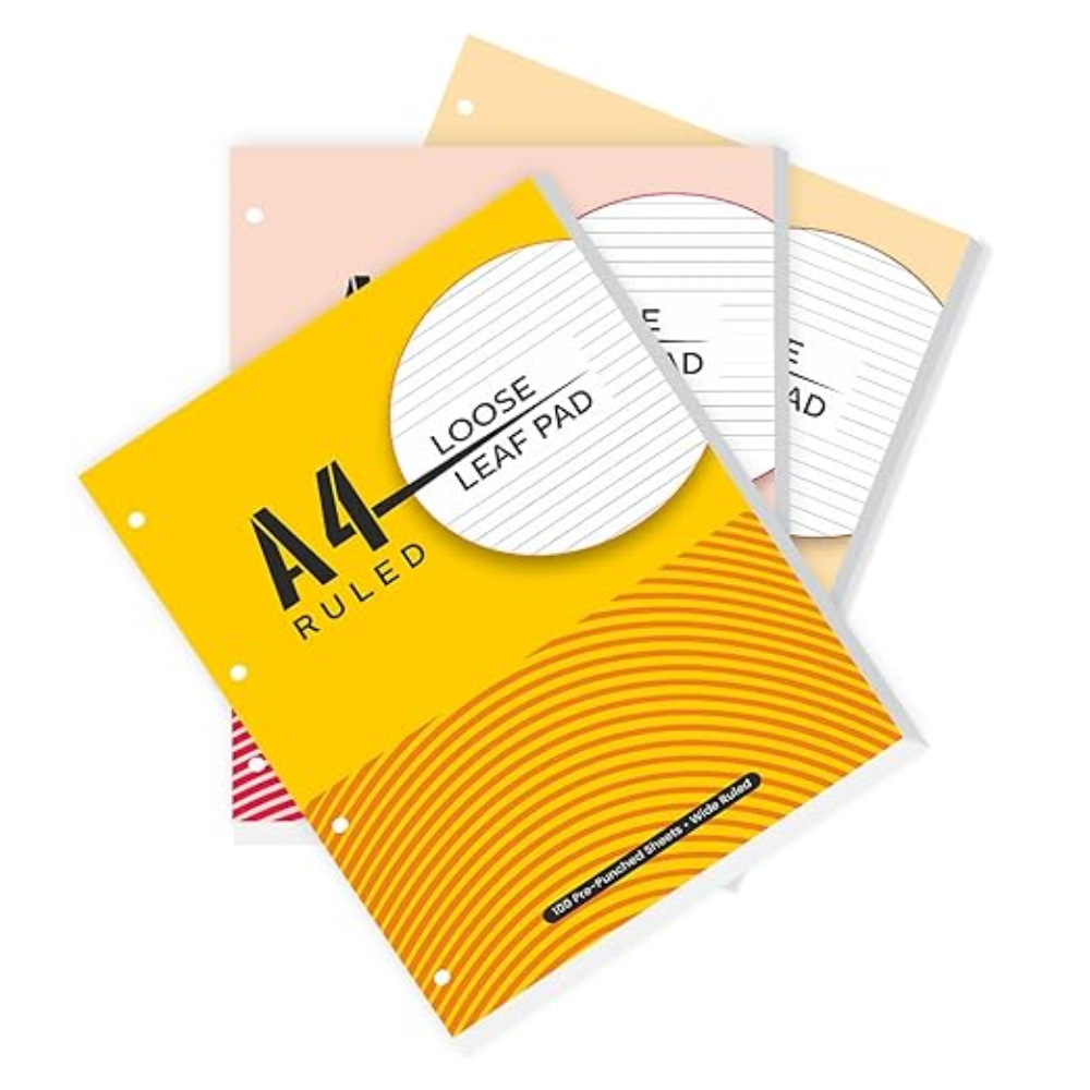  A4 Loose Leaf Report Pad | Ruled | Pre Punched for Easy Filing | Tear Off Sheets | Multi-Colored Cover | Pack of 3 (100 Sheets Each)