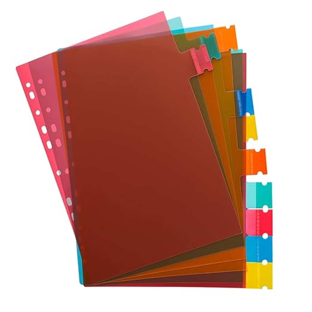 10 Sheets A4 Size Binder Index Divider (10 Insertable tab Sheets) - Separators for Box Files, Lever Arch Files, Binders 11 Holes Punched - Multicolor Tabs for Office, School, Home