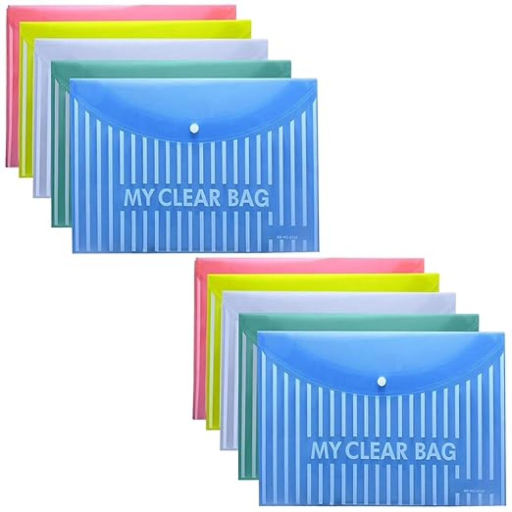Premium A4 File Folder with Button Closure | Document Organizer for Office, School & Travel | Waterproof Plastic Folder (10 Pcs)