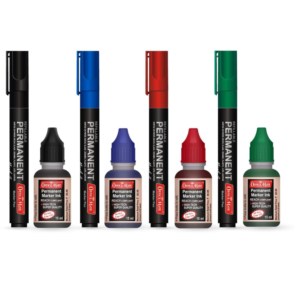 Officemate Permanent Marker Combo -Mix Color | 4 Markers + 4 Inks | Waterproof & Refillable | Multi-Surface Use | 4.43 mm Tip | Black, Blue, Red, Green