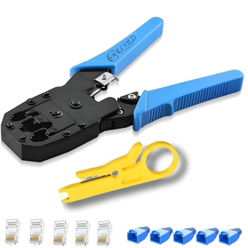 3-in-1 RJ45 Crimping Tool Kit – Wire Stripper, Cutter & Crimper for RJ45, RJ11, RJ12, Cat5e/Cat6 LAN Cable with 5 Connectors & 5 Boot Covers – Blue/Green