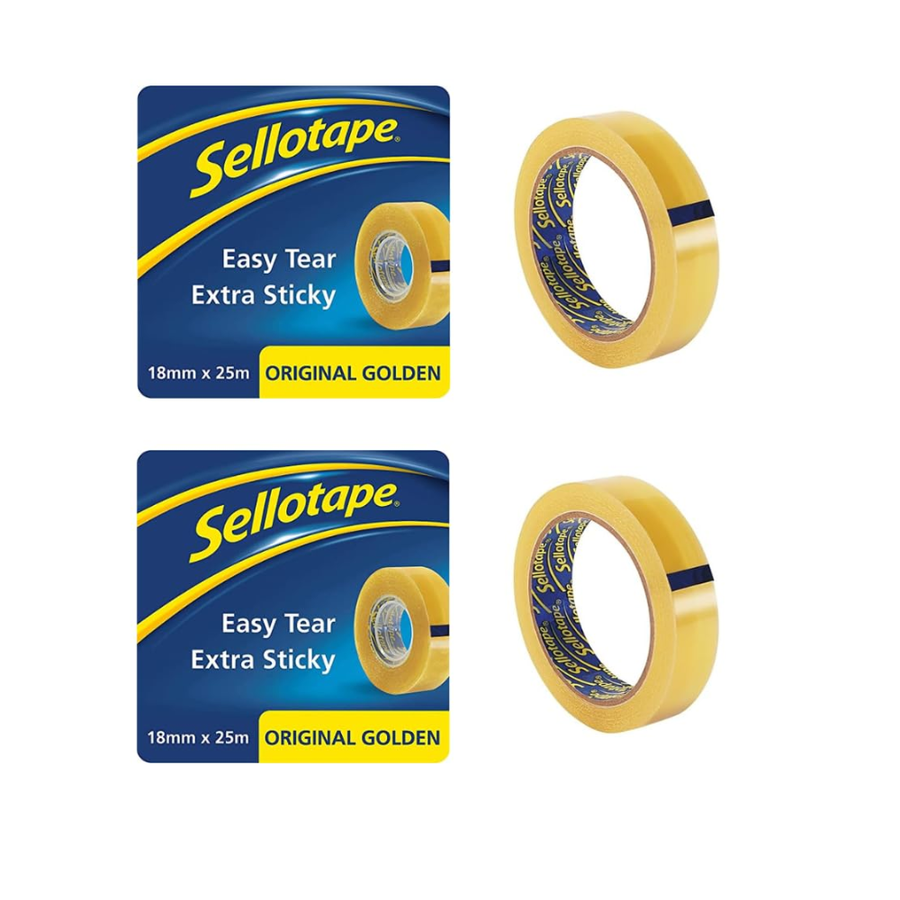 Original Golden Tape premium, strong, tear by hand tape ideal for office, school projects, art work, bonding of paper or card, wrapping presents, sealing lightweight boxes, 18 mm x 25 m*2