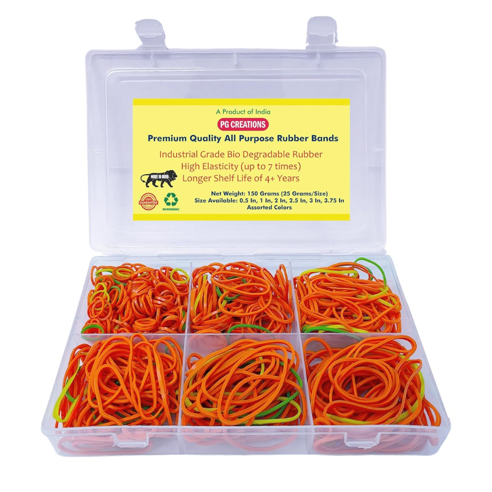 150 Grams, Rubber Bands with Storage Box, Assorted Sizes (0.5, 1, 1.5, 2, 3, 3.75 Inch) for Packing, Kitchen, Home & Office Use, Strong Durable Elastic Bands Set, Multicolour