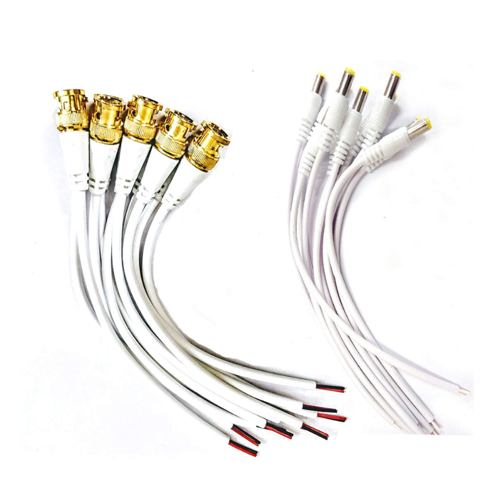 Combo Pack of 10 Pc BNC Connector with Copper Wire Moulded - 18CM and 10 Pc DC Power Pigtail Male Cables with 2.1mm Connectors Barrel Jack for Surveillance CCTV Camera (White)
