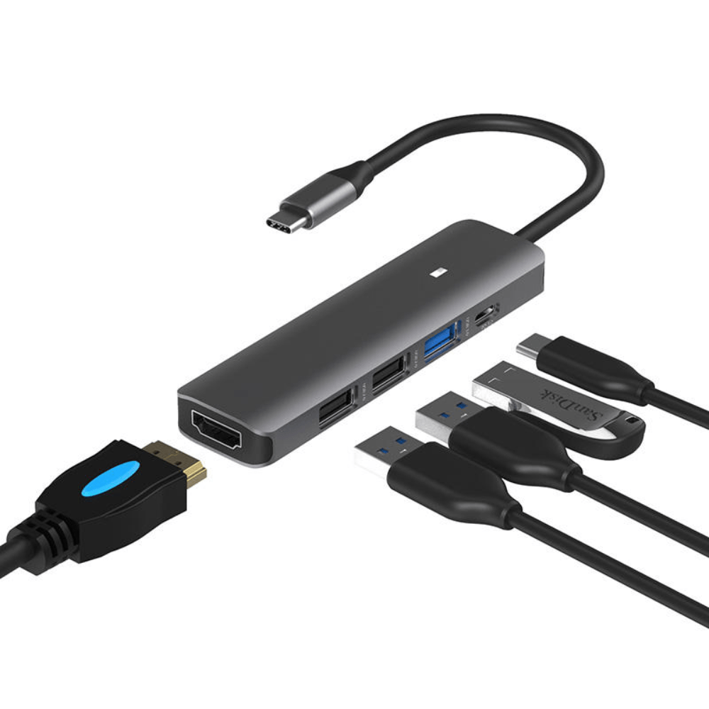 5in1 USB-C Multiport Adapter with 100W PD 4K 30Hz HDTV 3 USB-A 3.0 2.0 Data Ports