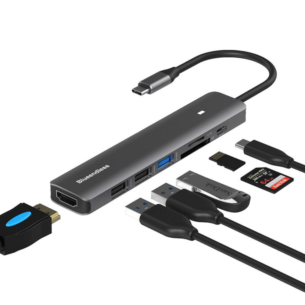 7in1 USB-C Multiport Adapter with 100W PD 4K 30Hz HDTV 3 USB-A 3.0 2.0 Data Ports SD TF Card Ports