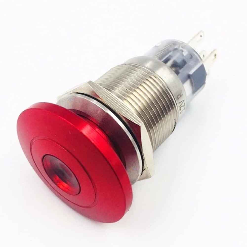 22mm, 5 PIN, 12-24V Stainless Steel Red LED Mushroom Head Switch Momentary Metal Push Switch