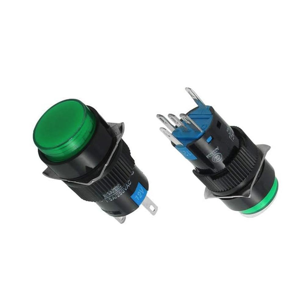 16mm 5Pin Round Button Latching Green Button with 12-24V Lamp