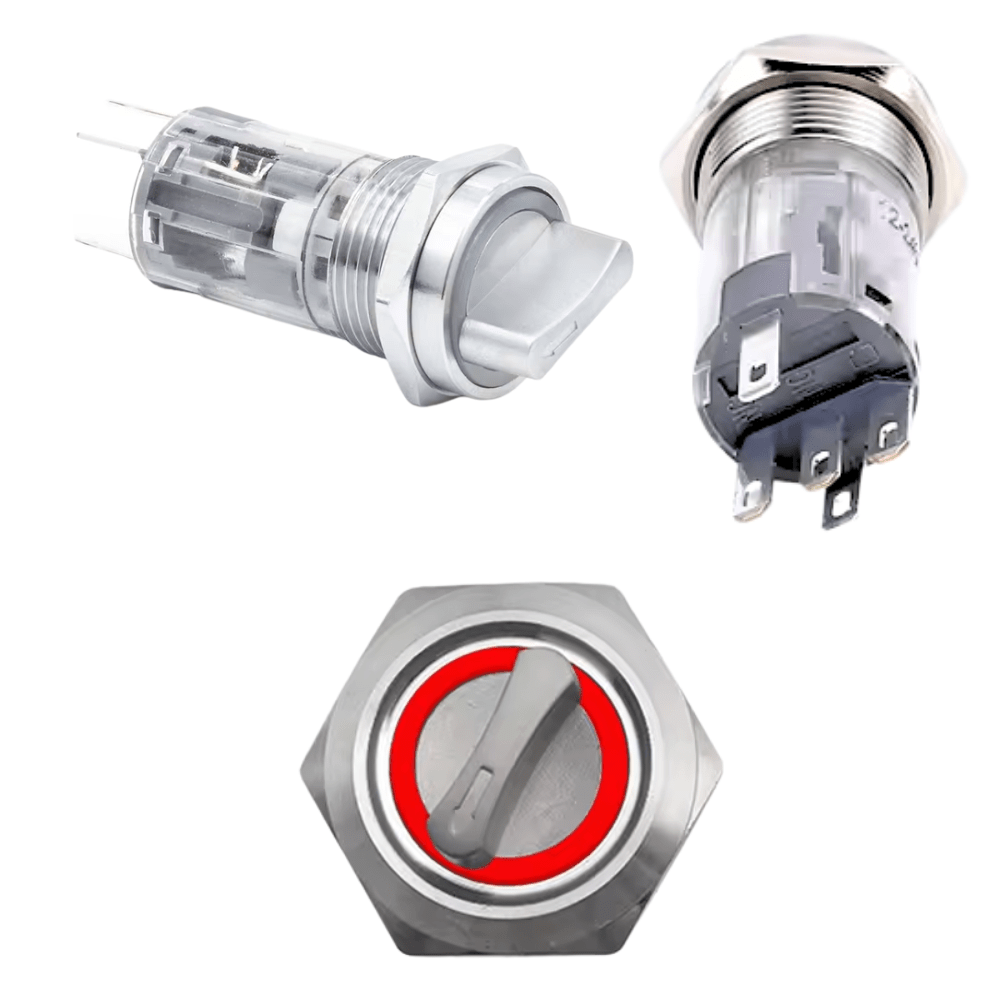 16mm 12-24V 5Pin 1NO 1NC 2Position Latching Red Metal Rotary Selector Switch