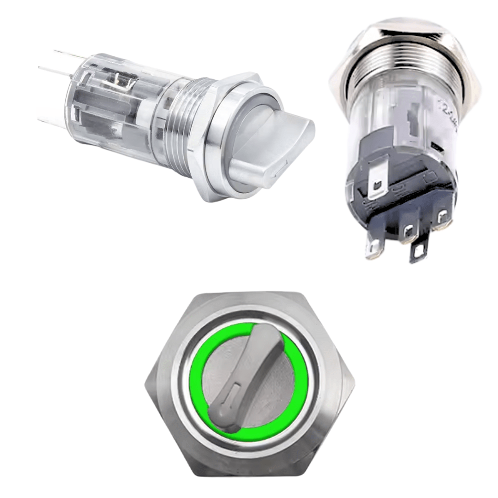 16mm 12-24V 5Pin 1NO 1NC 2Position Non-Latching Green Metal Rotary Selector Switch