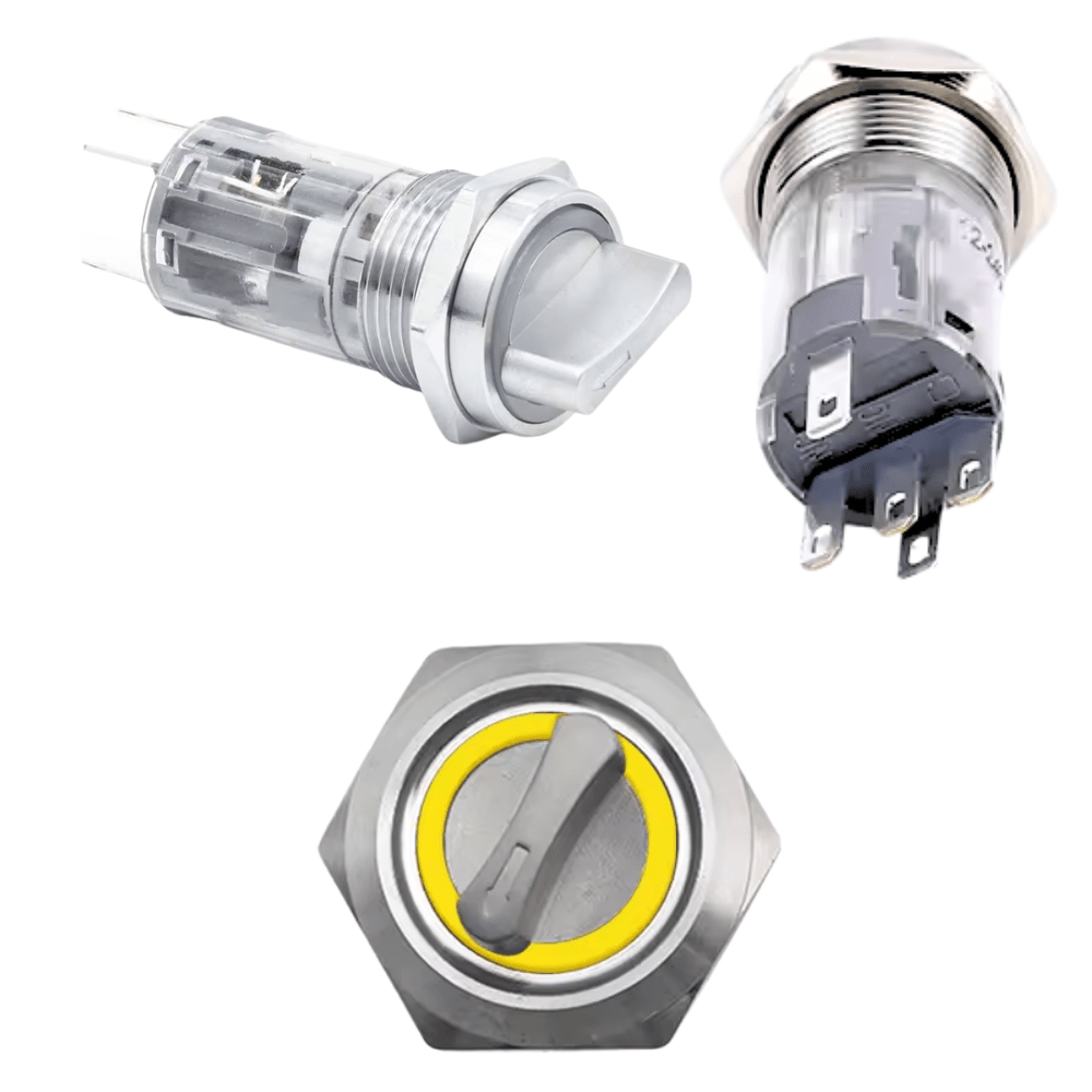16mm 12-24V 5Pin 1NO 1NC 2Position Non-Latching Yellow Metal Rotary Selector Switch