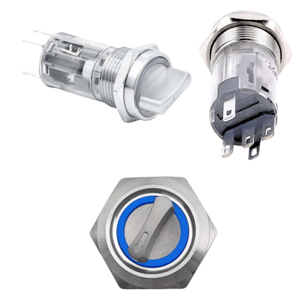 16mm 220V 5Pin 1NO 1NC 2Position Non-Latching Blue Metal Rotary Selector Switch