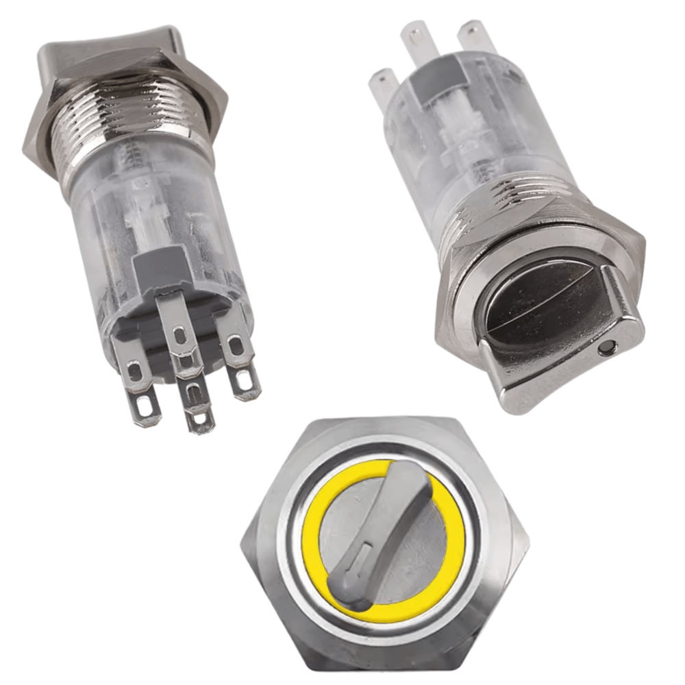16mm 220V 8Pin 2NO 2NC 3Position Latching Yellow Metal Rotary Selector Switch