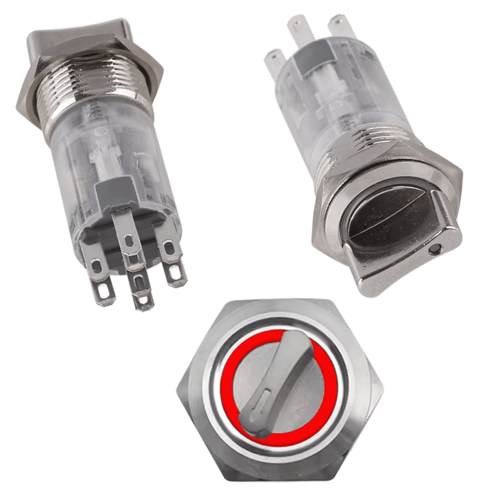 16mm 3-48V 8Pin 2NO 2NC 3Position Latching Red Metal Rotary Selector Switc