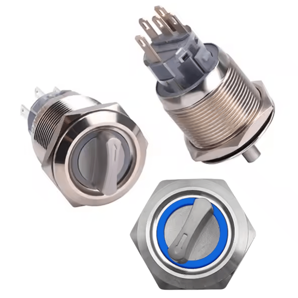 19mm 12-24V 5Pin 1NO 1NC 2Position Latching Blue Metal Rotary Selector Switch