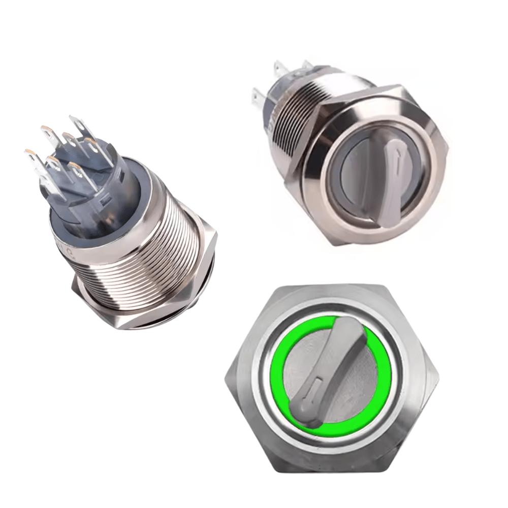 19mm 220V 8Pin 2NO 2NC 3Position Latching Green Metal Rotary Selector Switch