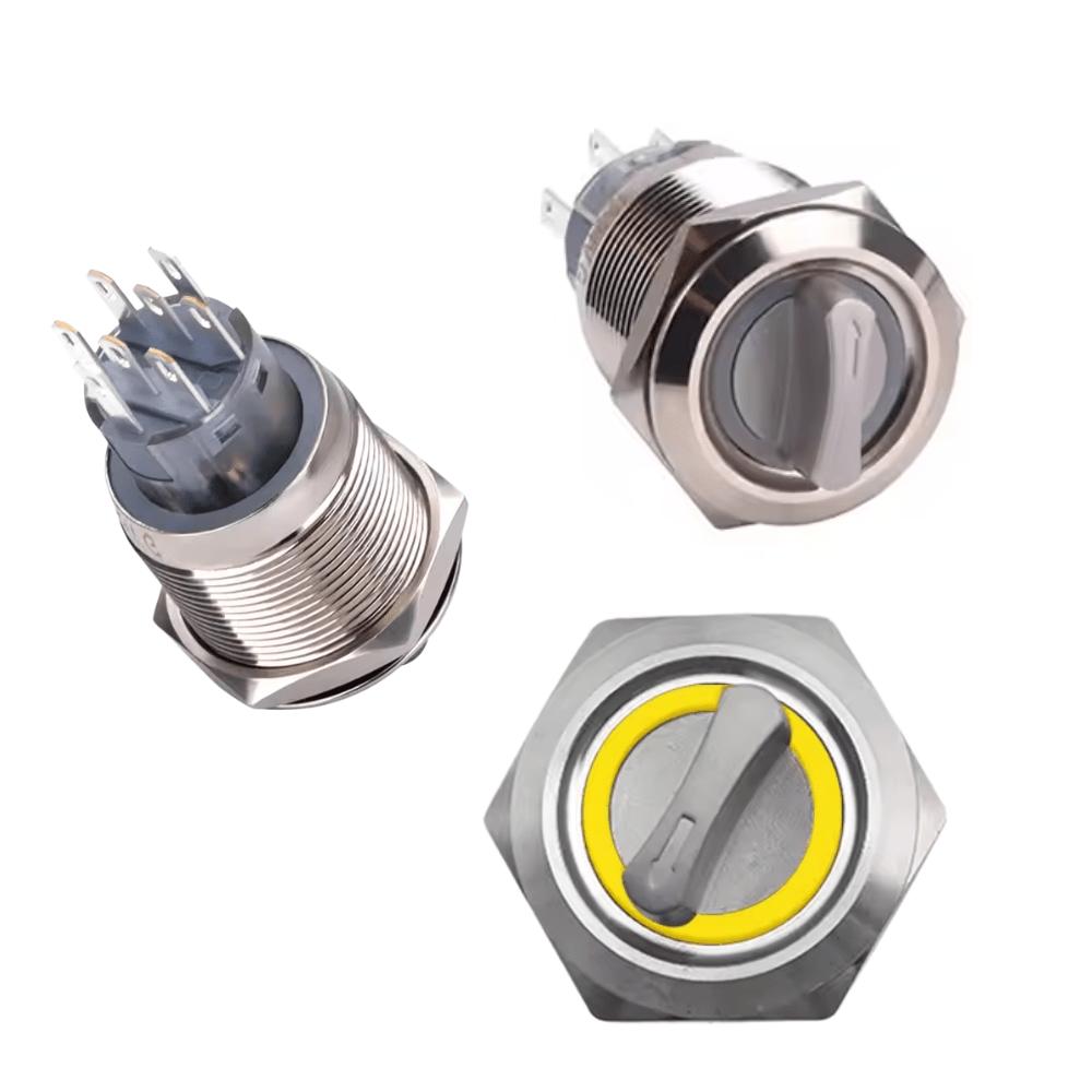 22mm 12-24V 8Pin 2NO 2NC 3Position Latching Yellow Metal Rotary Selector Switch