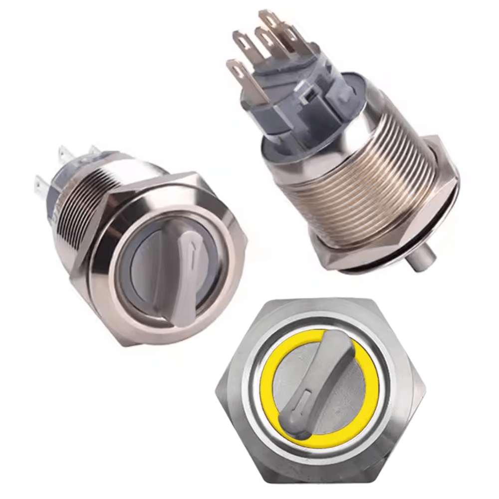 22mm 220V 5Pin 1NO 1NC 2Position Latching Yellow Metal Rotary Selector Switch