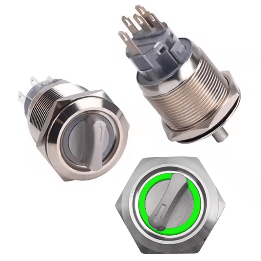 22mm 220V 5Pin 1NO 1NC 2Position Non-Latching Green Metal Rotary Selector Switch