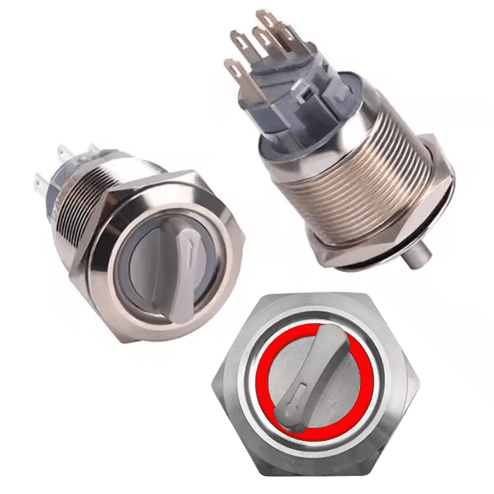 22mm 220V 5Pin 1NO 1NC 2Position Non-Latching Red Metal Rotary Selector Switch