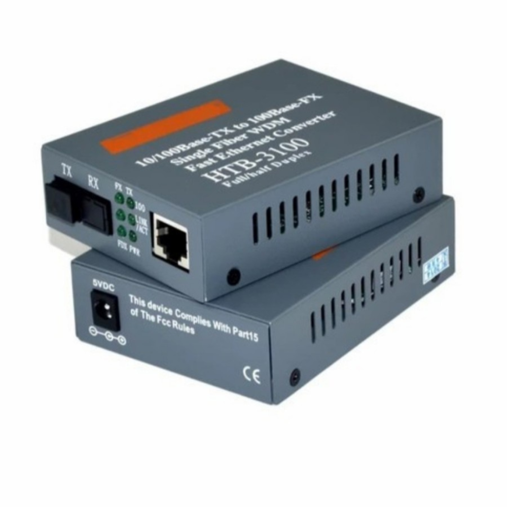 Fiber Media Converter Pair 25KM | 10/100Base-TX to 100Base-FX | SC BiDi Single Mode Fiber Converter Set | HTB-3100A & HTB-3100B with Power Adapter