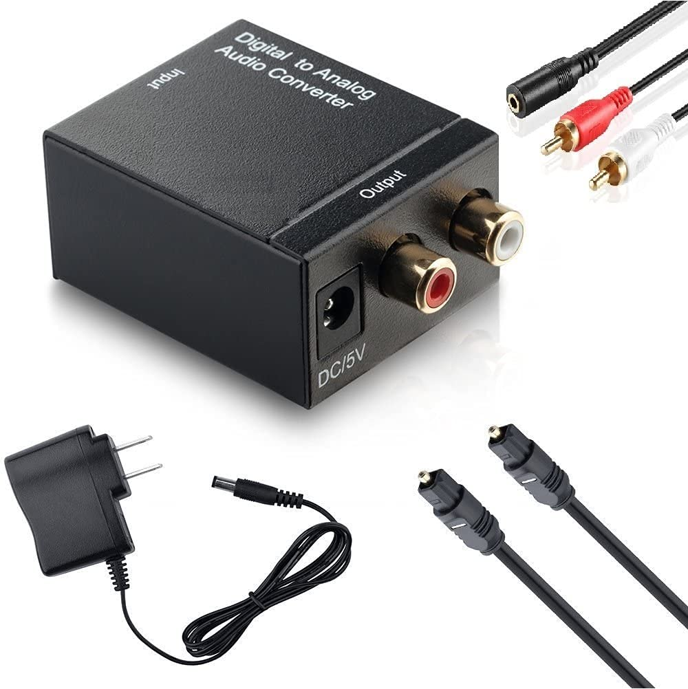 Digital to Analog Audio Converter DAC Digital SPDIF Optical to Analog L/R RCA Adapter Toslink Optical to 3.5mm Jack Adapter with Fiber Cable and USB Cable for PS3 HD DVD PS4 Amp Apple TV Home Cinema